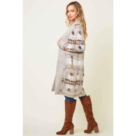 SOLD OUT Oatmeal Rainbow Multi Colored Aztec Tribal Jacquard Open Knit Cardigan - Picture 8 of 10